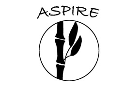 black text of aspire above a circle of a bamboo leaf