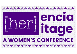 herencia, heritage women's conference text in purple. Her is highlighted in a box.